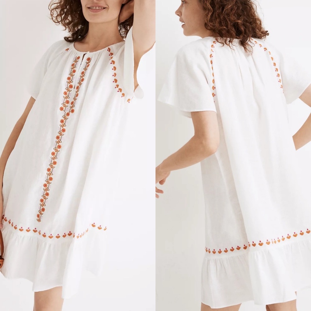 Madewell Embroidered Linen-Blend Raglan Ruffle Mini Dress